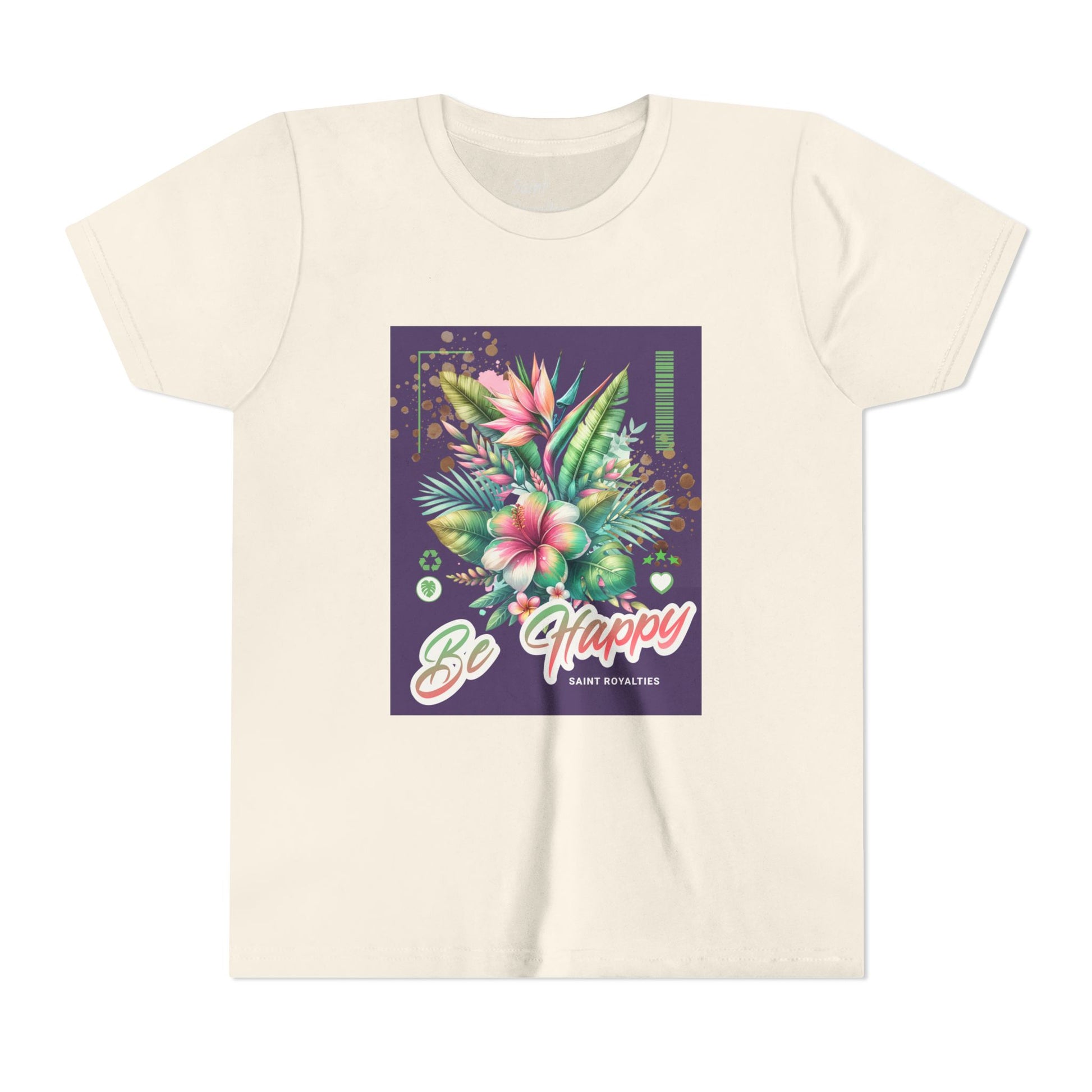 Be Happy Girls Short Sleeve Tee - Floral Design T-Shirt for Girls