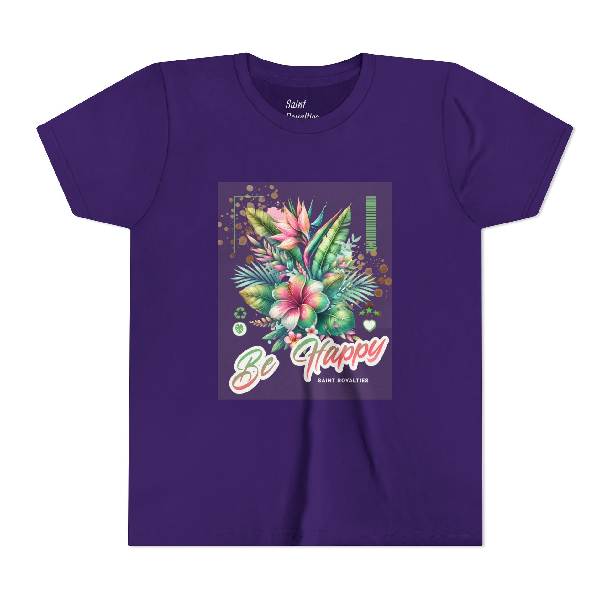 Be Happy Girls Short Sleeve Tee - Floral Design T-Shirt for Girls