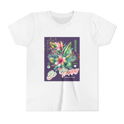 Be Happy Girls Short Sleeve Tee - Floral Design T-Shirt for Girls