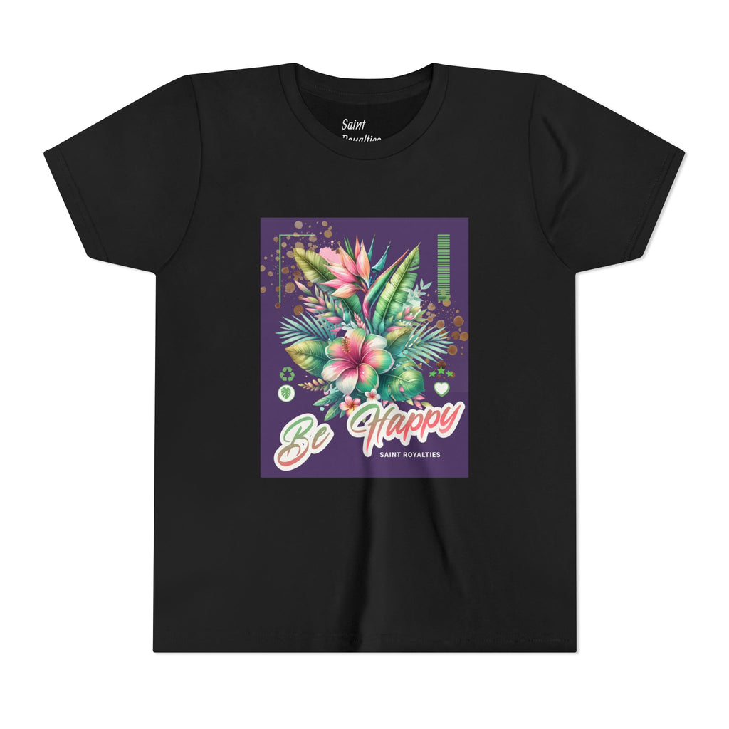 Be Happy Girls Short Sleeve Tee - Floral Design T-Shirt for Girls